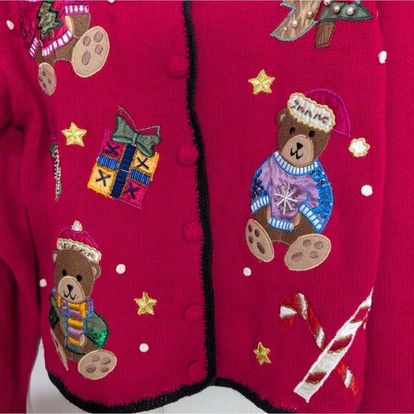 Nutcracker Teddy Bear Cardigan Womens Size Medium Red Embellished Ugly Christmas - Picture 5 of 12